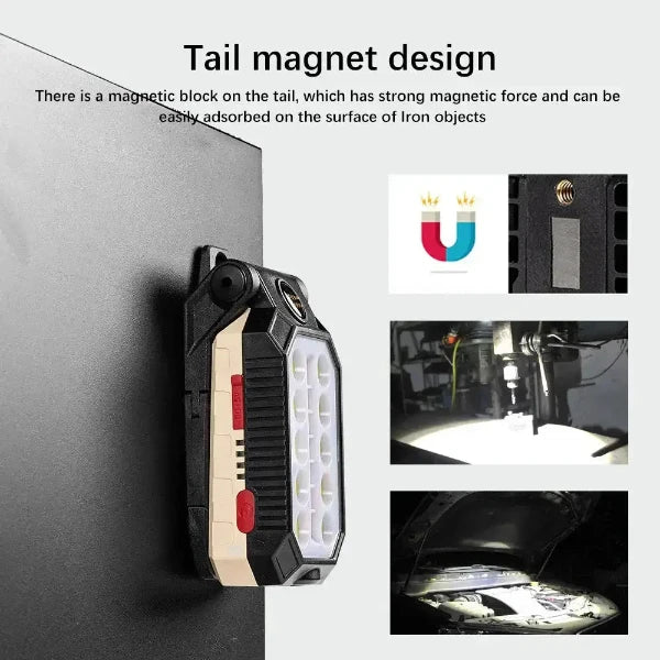 Portable rechargeable magnetic LED work light attached to metal surface, showcasing tail magnet design for outdoor light fixtures and battery operated lights.