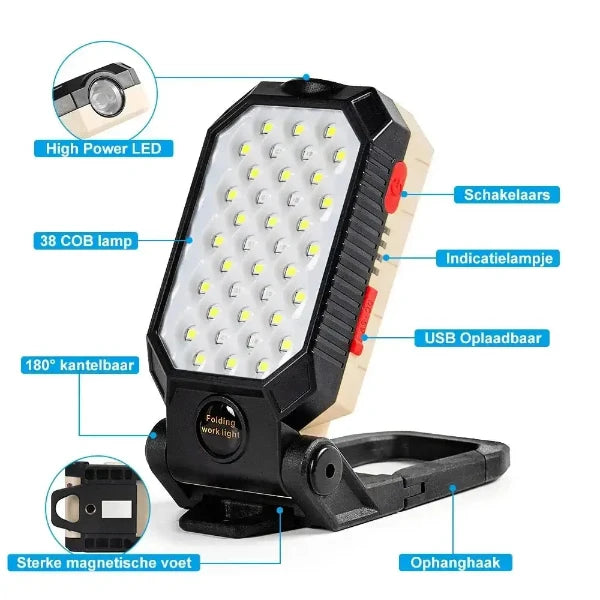 Portable rechargeable LED COB work light with 38 COB lamps, 180° rotation, magnetic base, USB charging, and high-power LED for outdoor use.