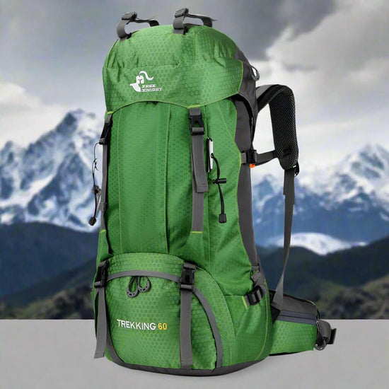 Green 60L hiking backpack for women with mountain background, water-resistant and tear-resistant, ideal for travel and backpacking.