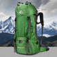 Green 60L hiking backpack for women with mountain background, water-resistant and tear-resistant, ideal for travel and backpacking.