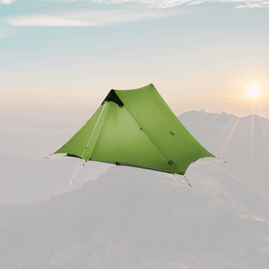 Ultralight 2-person camping tent set up in a mountain landscape at sunrise, ideal for backpacking and outdoor adventures.