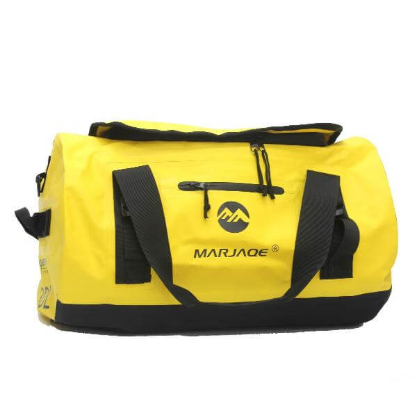 Yellow waterproof duffel bag by Marjaqe with black straps, ideal for outdoor use and travel.