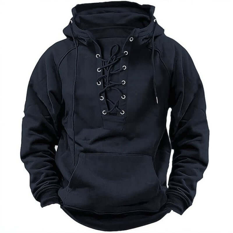 Black tactical hoodie for men with lace-up front, adjustable drawstrings, and kangaroo pocket, perfect for versatile casual or active wear.