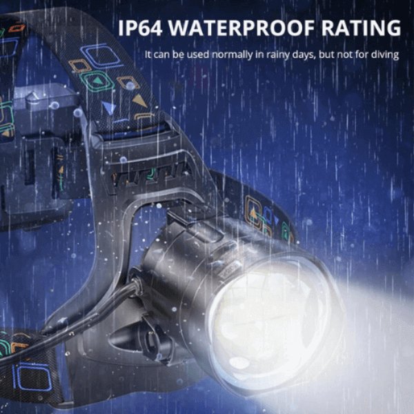 Brightest rechargeable headlamp with IP64 waterproof rating for powerful illumination in rainy conditions.