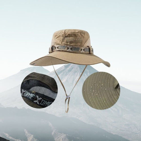 Green waterproof wide brim bucket hat for men with sun protection, perfect for hiking, fishing, and outdoor activities.