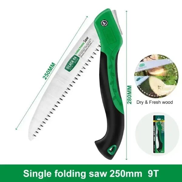 Foldable portable 10-inch camping hand saw for camping and gardening with durable steel construction; compact and easy to carry and store