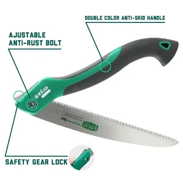 Foldable portable 10-inch camping hand saw with double color anti-skid handle, adjustable anti-rust bolt, and safety gear lock.