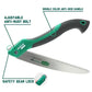 Foldable portable 10-inch camping hand saw with double color anti-skid handle, adjustable anti-rust bolt, and safety gear lock.