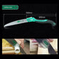 Foldable 10-inch camping hand saw with green handle, showing compact design and cutting wood, ideal for camping and gardening.