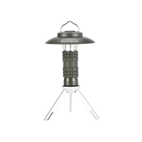 Durable camping lantern with rechargeable LED flashlight and tripod stand for outdoor adventures.