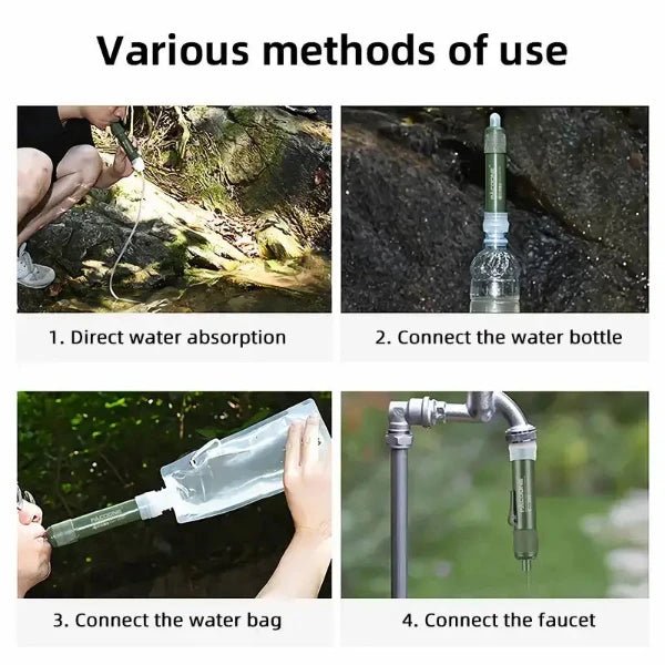 Various methods of using a mini camping purification water filter including direct absorption, connecting to water bottle, water bag, or faucet.