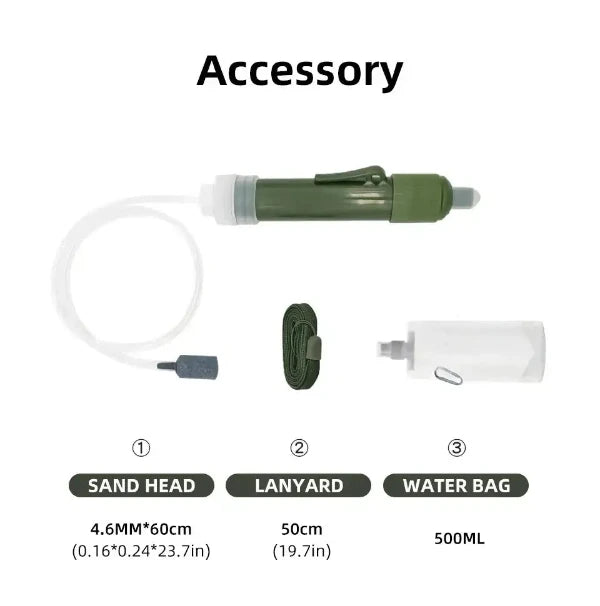 Mini Camping Purification Water Filter Straw Accessory Kit with Sand Head, Lanyard, and 500ML Water Bag for Outdoor and Emergency Use