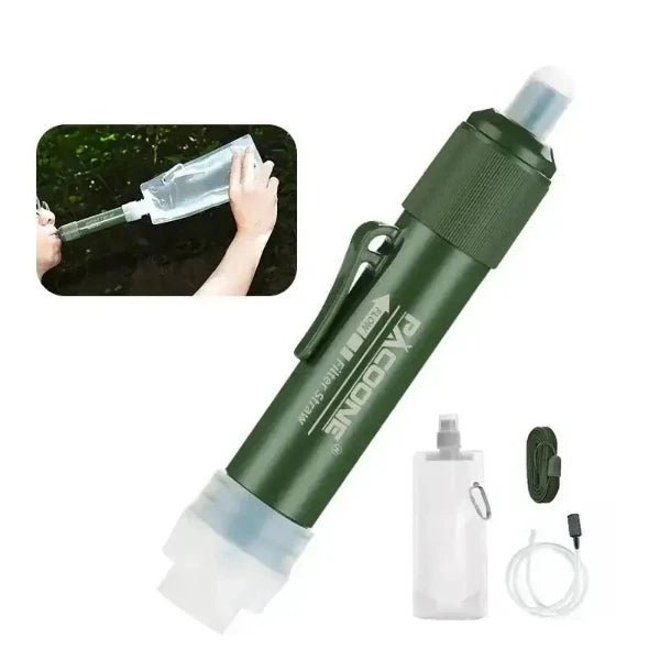 Mini camping purification water filter & water bag with triple filtration system for hiking, travel, and emergency preparedness.