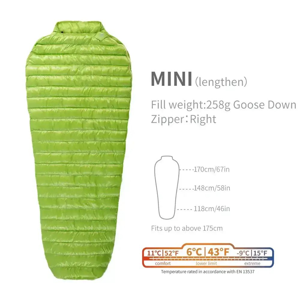 Green camping sleeping bag with 258g goose down fill, right zipper, suitable for up to 175cm height, and 3 temperature ratings.