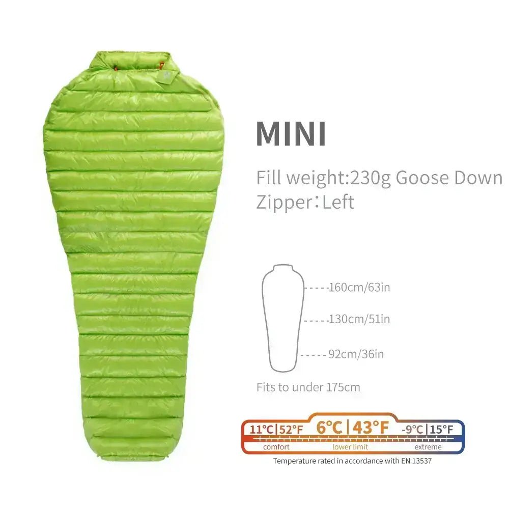 Green MINI 3-season camping sleeping bag with left zipper, 230g goose down fill, suitable for heights under 175cm.