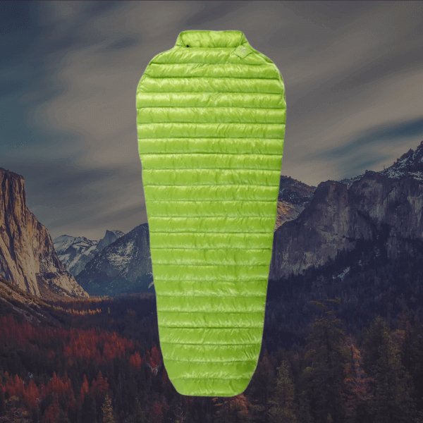 Lime green camping sleeping bag for 3-season use, filled with goose down, 800-fill power, size 180x78 cm, suitable for heights up to 1.8 m.