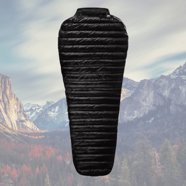 Camping sleeping bag in a scenic mountain background, black color, 3-season, 180x78cm (71x30in), suitable for 1.8m height