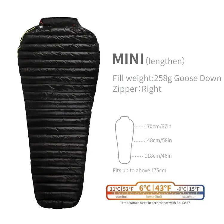 Aegismax mini lengthen 3-season sleeping bag with 258g goose down fill, comfort temperature scale from 11℃ to -9℃. Includes size dimensions in inches and cm.