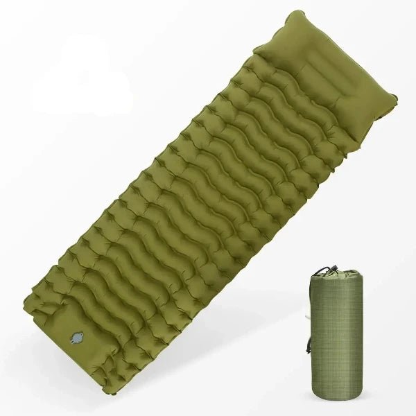 Green camping sleeping pad with built-in inflator pump, 76.8 x 24 inch (195 x 60 cm), includes storage bag and repair kits.