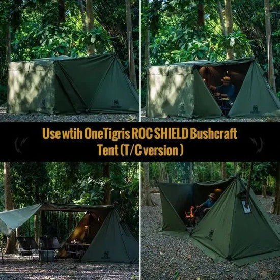 OneTigris ROC SHIELD bushcraft tent set up in a forest with various configurations for outdoor camping.