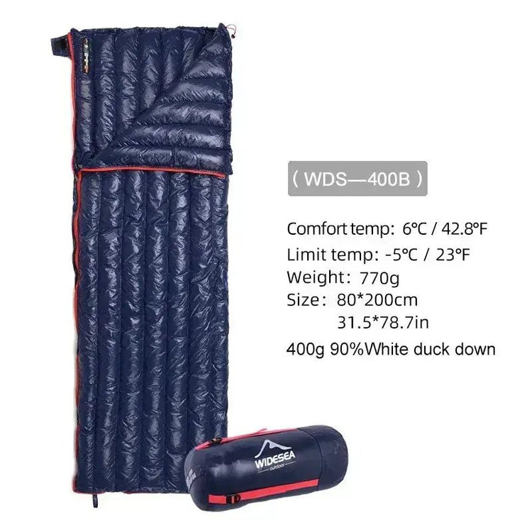 Camping Ultralight Sleeping Bag in navy blue with 400g of 90% white duck down, comfort temp 42.8°F, limit temp 23°F, size 31.5"x78.7", weight 1.7 lbs