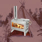 High-quality stainless steel camping wood stove with a glowing fire, set up in front of a tent in a snowy outdoor forest.