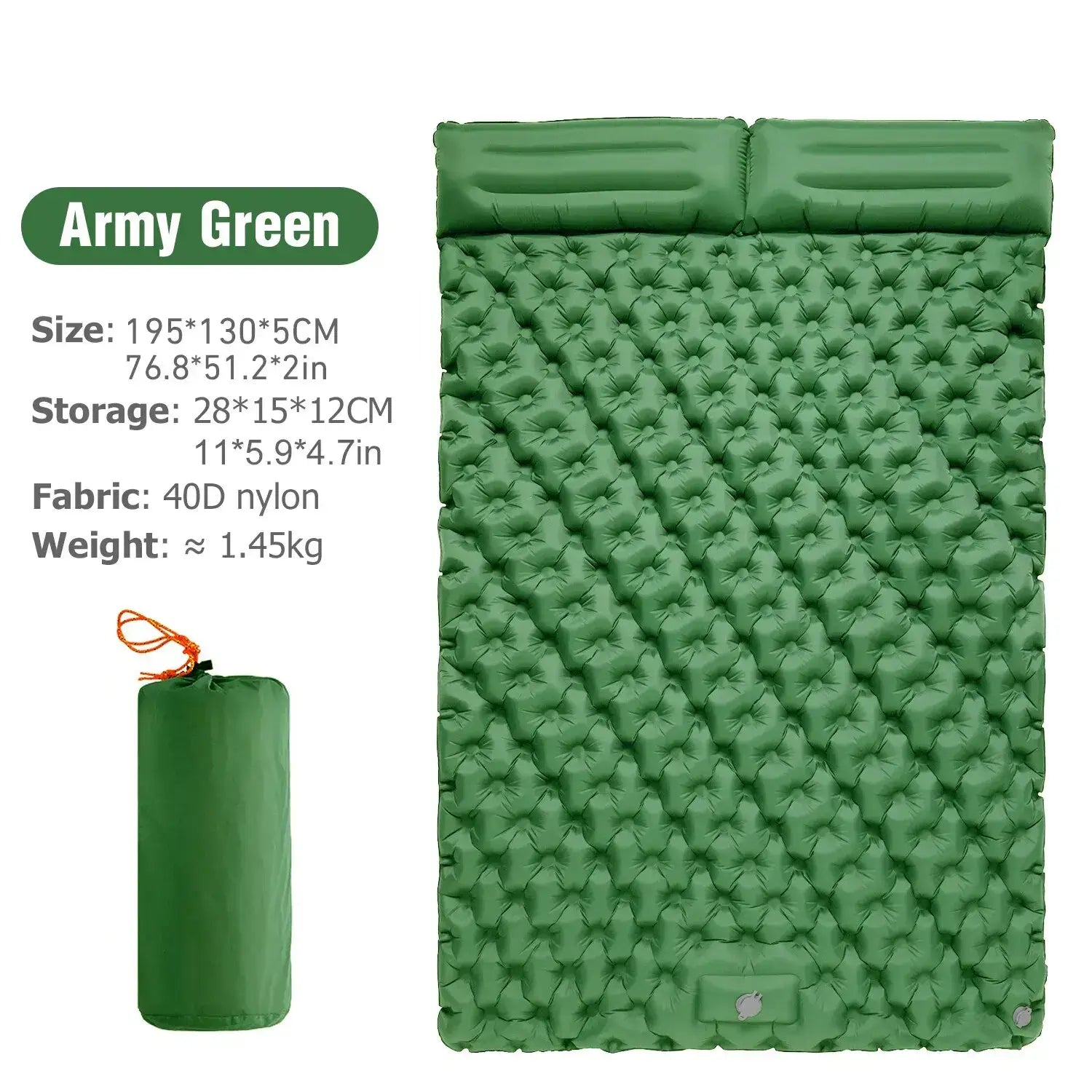 Army green double inflatable sleeping pad for two people with storage bag, size 195x130x5cm, made of 40D nylon, lightweight and compact