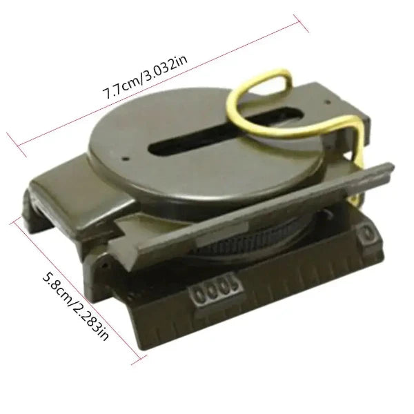 Portable military compass with measurements showing dimensions of 7.7 cm by 5.8 cm, geared for accuracy and durability, ideal for camping and survival.