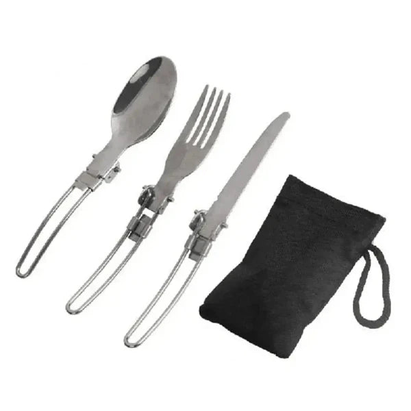 Portable Foldable Stainless Steel Camping Cutlery Set Spoon Fork Knife with Carrying Bag - Ideal Camping Cookware and Utensils