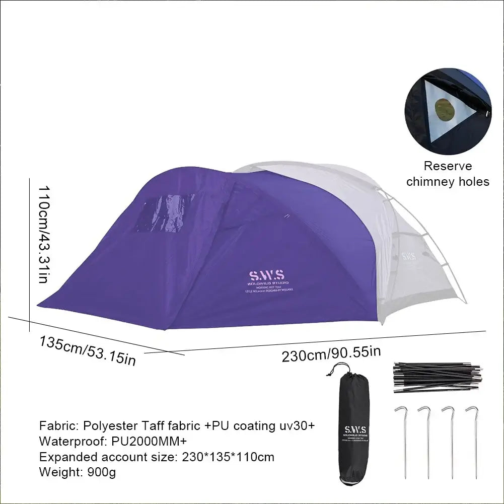Stylish purple camping tent with stove jack, shown on a clean white backdrop. measurement of the tent, and vibrant color for an enhanced camping experience. 
