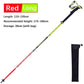 Red long adjustable walking stick extended with storage bag, recommended for height 170-190 cm and length 115-135 cm.