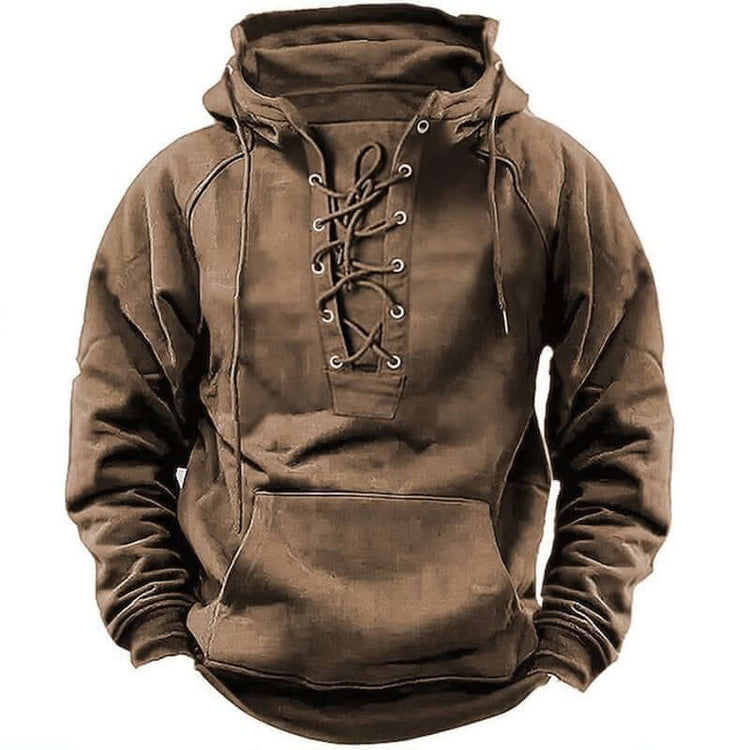 Brown tactical hoodie for men with lace-up design, perfect for casual wear or active use, lightweight and versatile pullover.