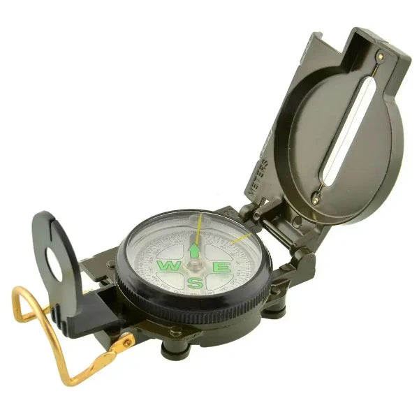 Professional military camping compass with luminous dial, bubble level, and magnifying view for accurate and stable navigation.