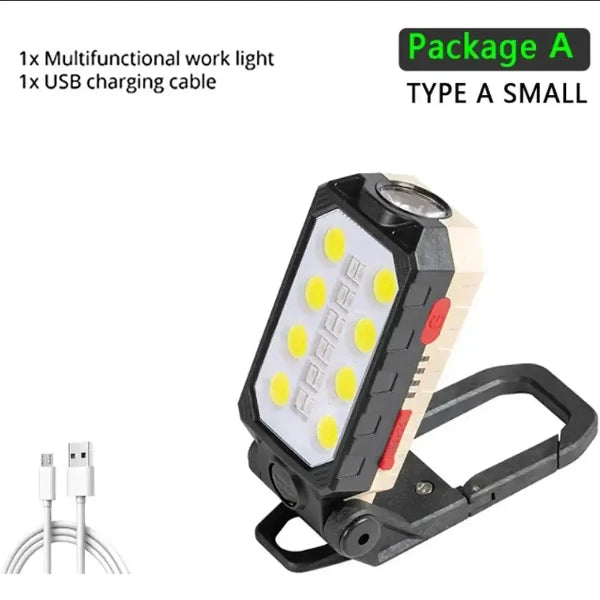 Portable rechargeable LED COB work light with USB charging cable. Ideal for outdoor light fixtures, magnetic work light for versatile use.