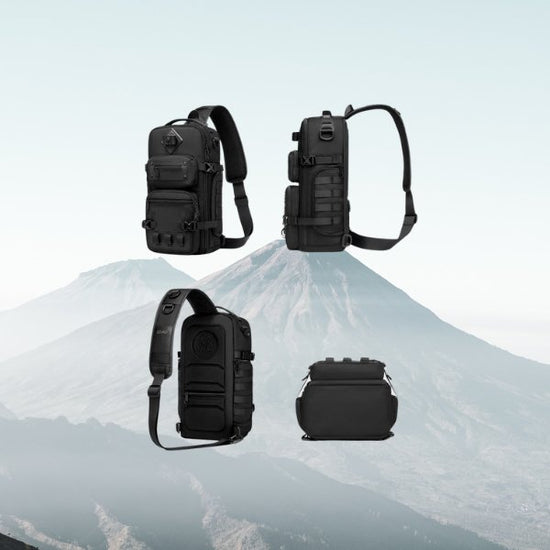 Black tactical crossbody sling backpack for men with multiple zipper pockets, designed for travel and security, shown from different angles.