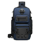 Blue sling backpack with multiple compartments and adjustable straps.