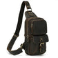 Travel sling bag, brushed leather, carrying strap, metal buckle, top zipper opening, front and side view, white background.