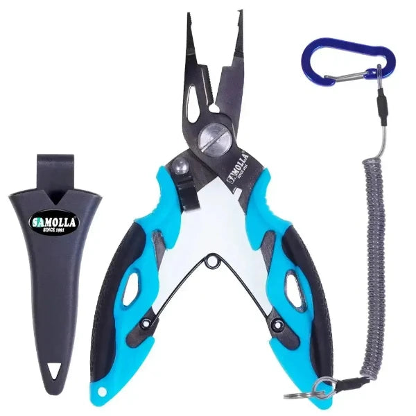 Multifunctional fishing pliers with ergonomic handle, split ring tip, and sheath, ideal for saltwater fishing, fish hook removal, and cutting.