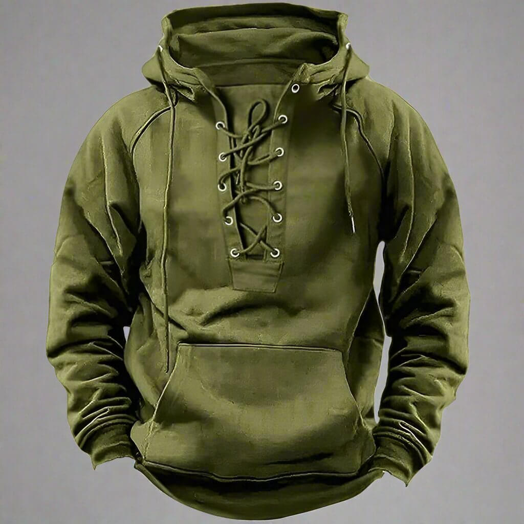 Olive green tactical hoodie with lace-up front, designed for men. Features adjustable drawstring and pocket. Perfect for versatile wear.