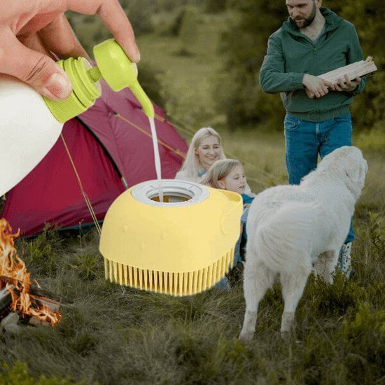 Dog brush with shampoo dispenser used while camping with family and pet.