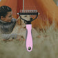 Pink dog grooming brush, background of a woman hugging a Labrador in a tent.