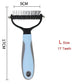 Blue hair removal brush for dogs with measurements, small size, white background.