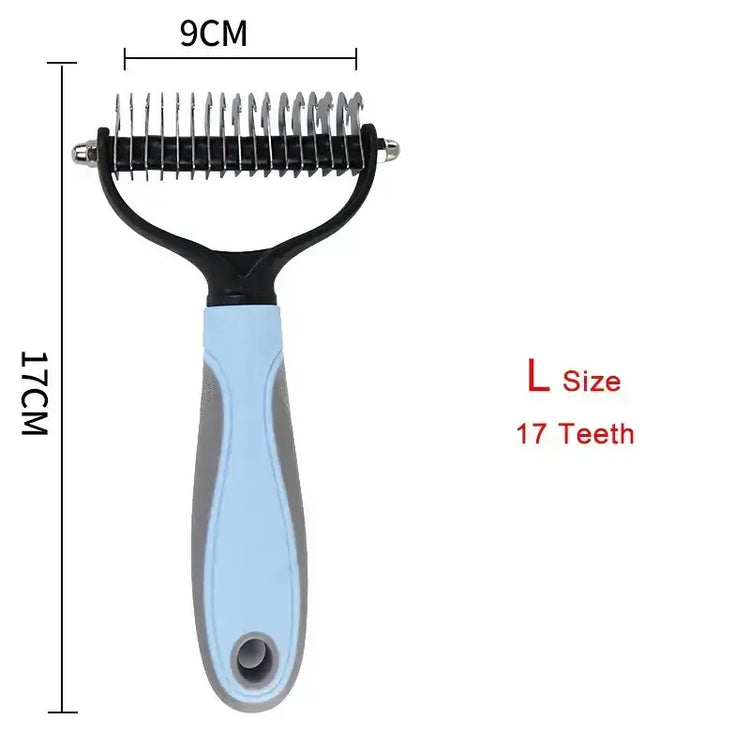 Blue hair removal brush for dogs with measurements, small size, white background.