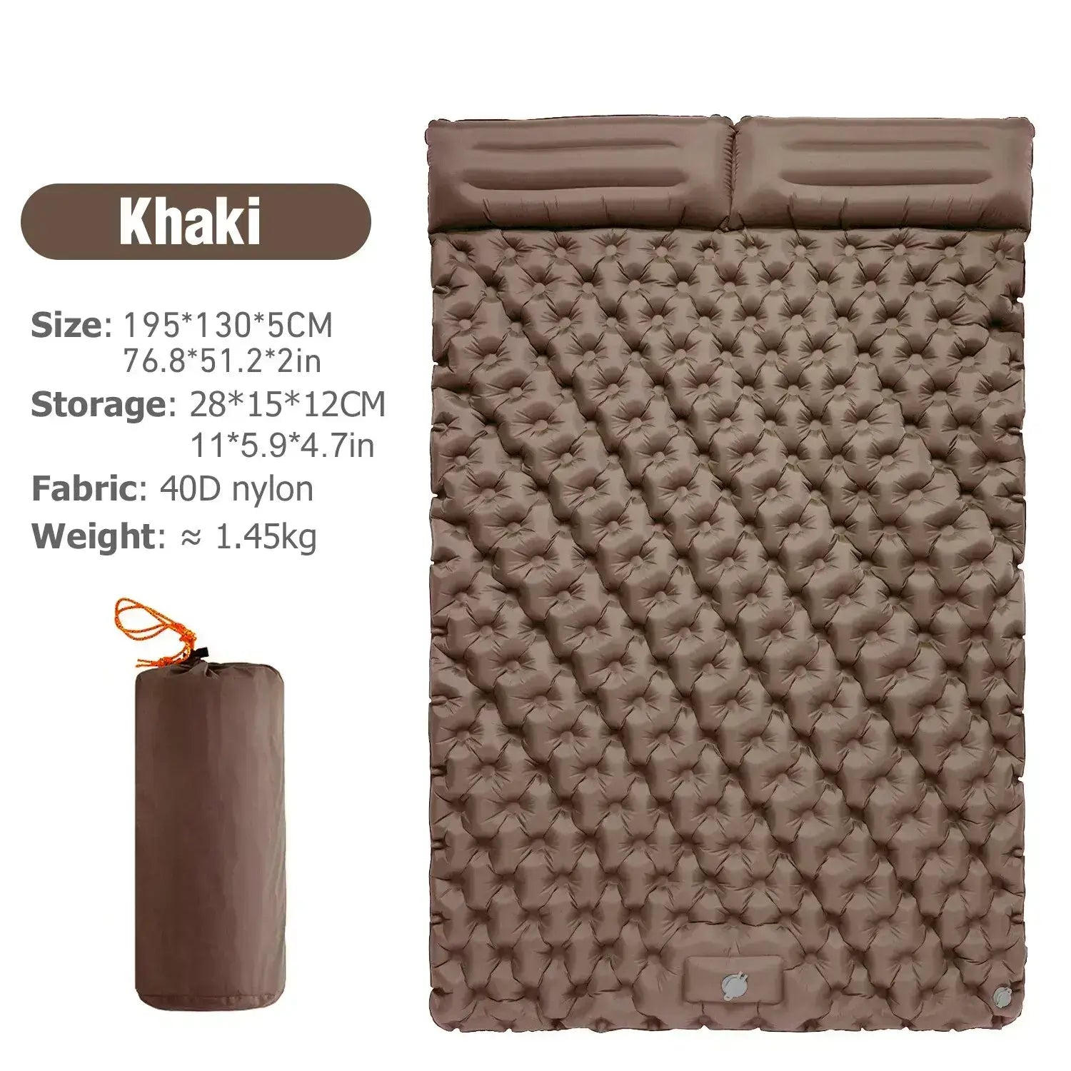 Khaki double inflatable sleeping pad measuring 195*130*5CM for two people, made of 40D nylon, with storage bag, weight approximately 1.45kg