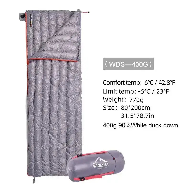 Camping Ultralight Sleeping Bag WDS-400G - 400g 90% White Duck Down, 31.5x78.7in, Comfort Temp 42.8°F, Limit Temp 23°F, Weight 1.7 lb