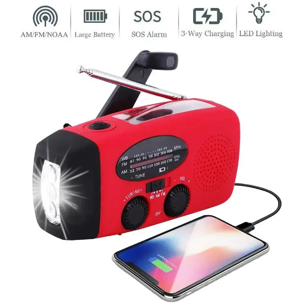 Hand crank radio with antenna, power bank, flashlight, solar charging, white background, charging mobile.