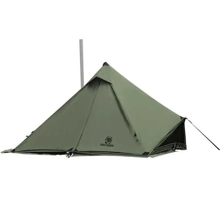 winter canvas tent with stove in olive green, featuring a stove jack for outdoor camping and warmth.