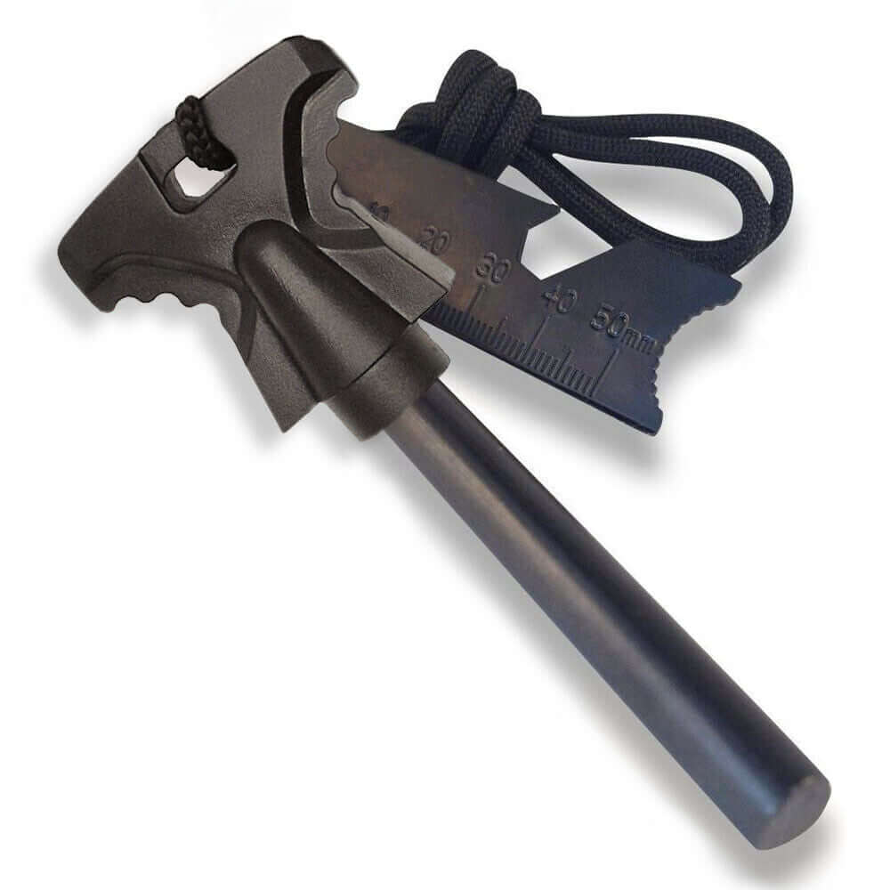 Flint fire starter with butterfly-shaped handle, emergency whistle, scraper, and paracord—ideal for camping and survival gear.