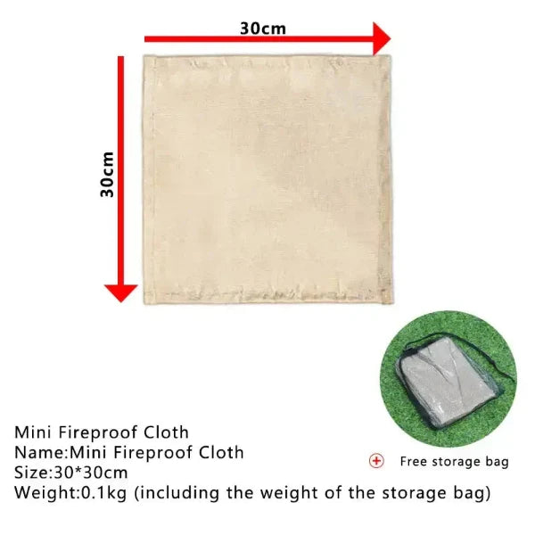 30x30 cm mini fireproof cloth with free storage bag, weighs 0.1 kg, insulation blanket, camping accessory.