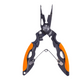 Multifunctional fishing pliers with ergonomic handle, split ring tip, and stainless steel jaws for fish hook removal and cutting.